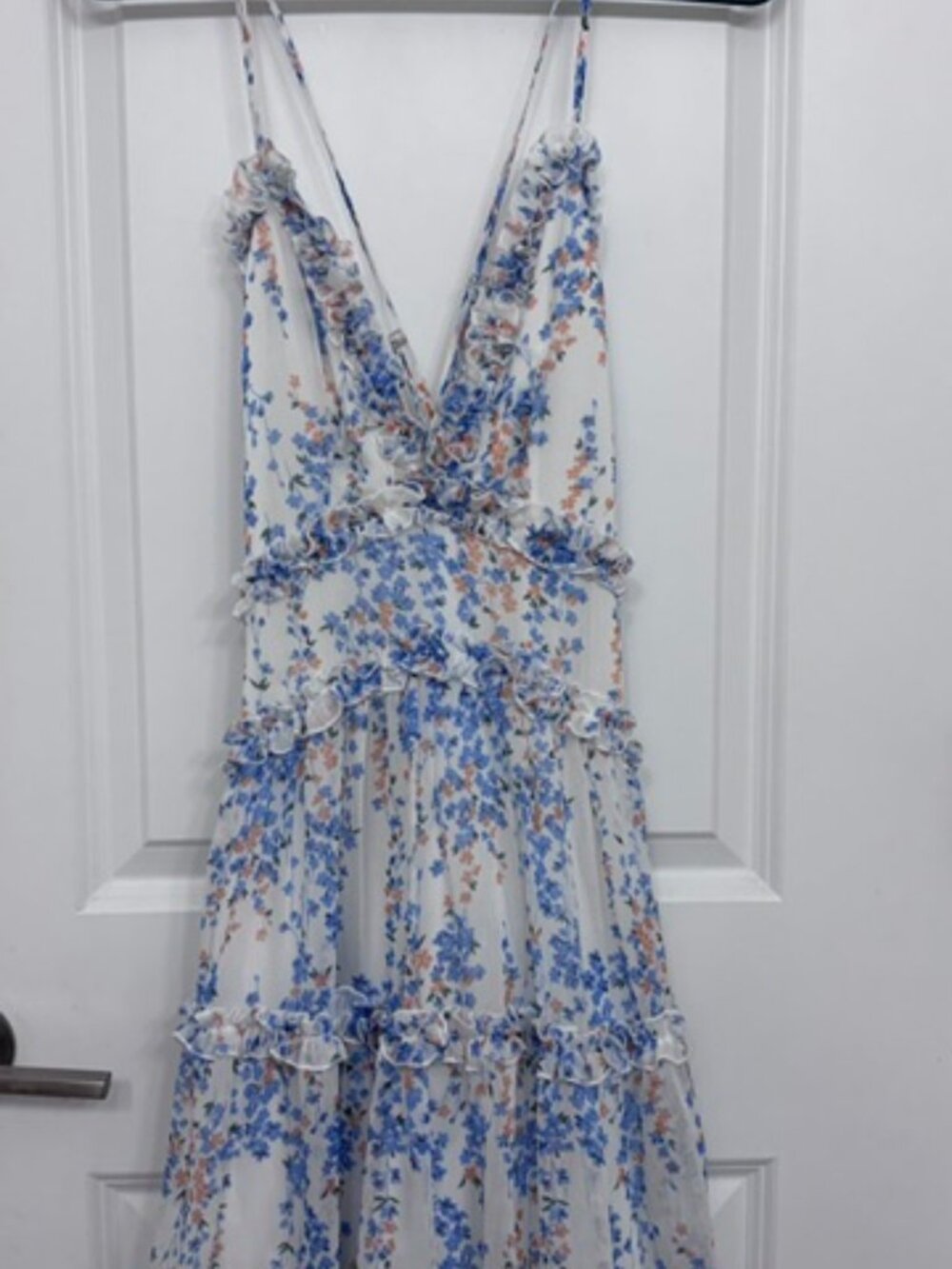 Low back, cami strap, blue floral print dress